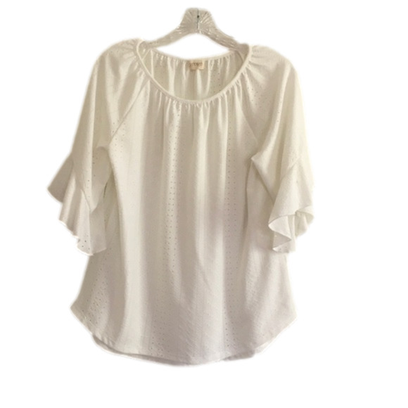 greige Tops - GREIGE off white lace look size medium to large blouse ruffle sleeves